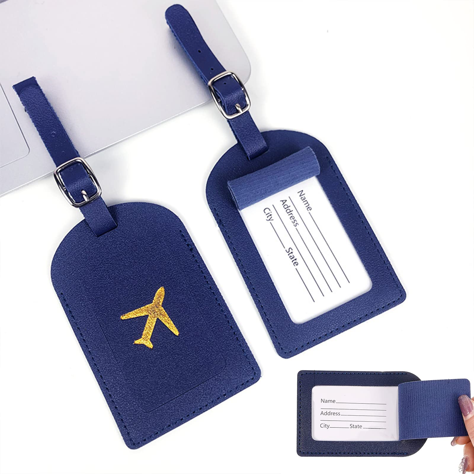 4 Etichette Valigie In Pelle PU Blu - Targhette Con Nome E Indirizzo, Antiperdita Bagagli - Foto 5