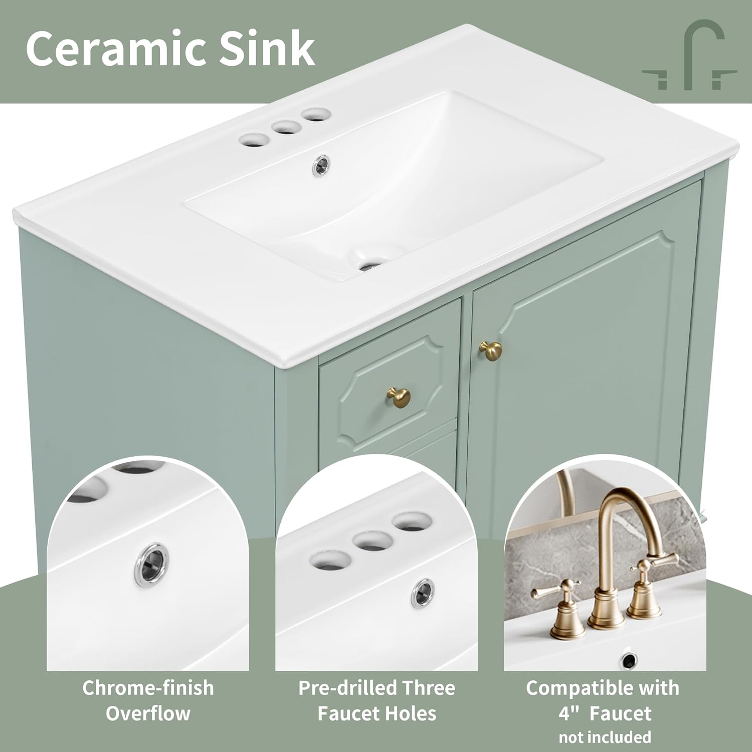 30" Bathroom Vanity with Sink, Harper & Bright Designs Free Standing Single Vanity Set with 3 Drawers and One Door with Storage Racks, Wood Storage Cabinet with Ceramic Basin for Bathroom, Light Green