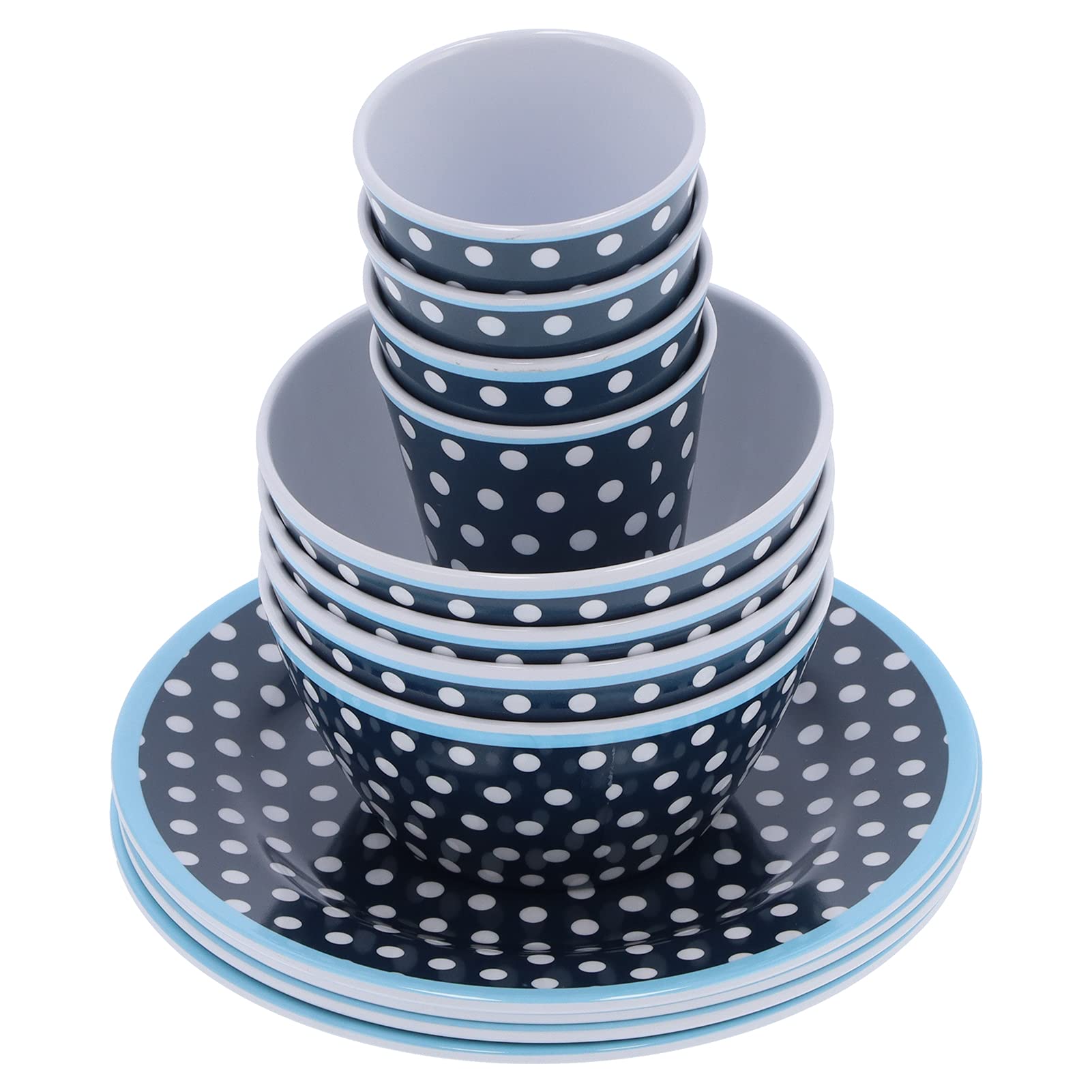 Juego de vajillas de punto azul oscuro de 12 piezas, plato de platos de ensaladera de tazas de material de melamina, elegante para restaurante en casa, vajilla con duración y