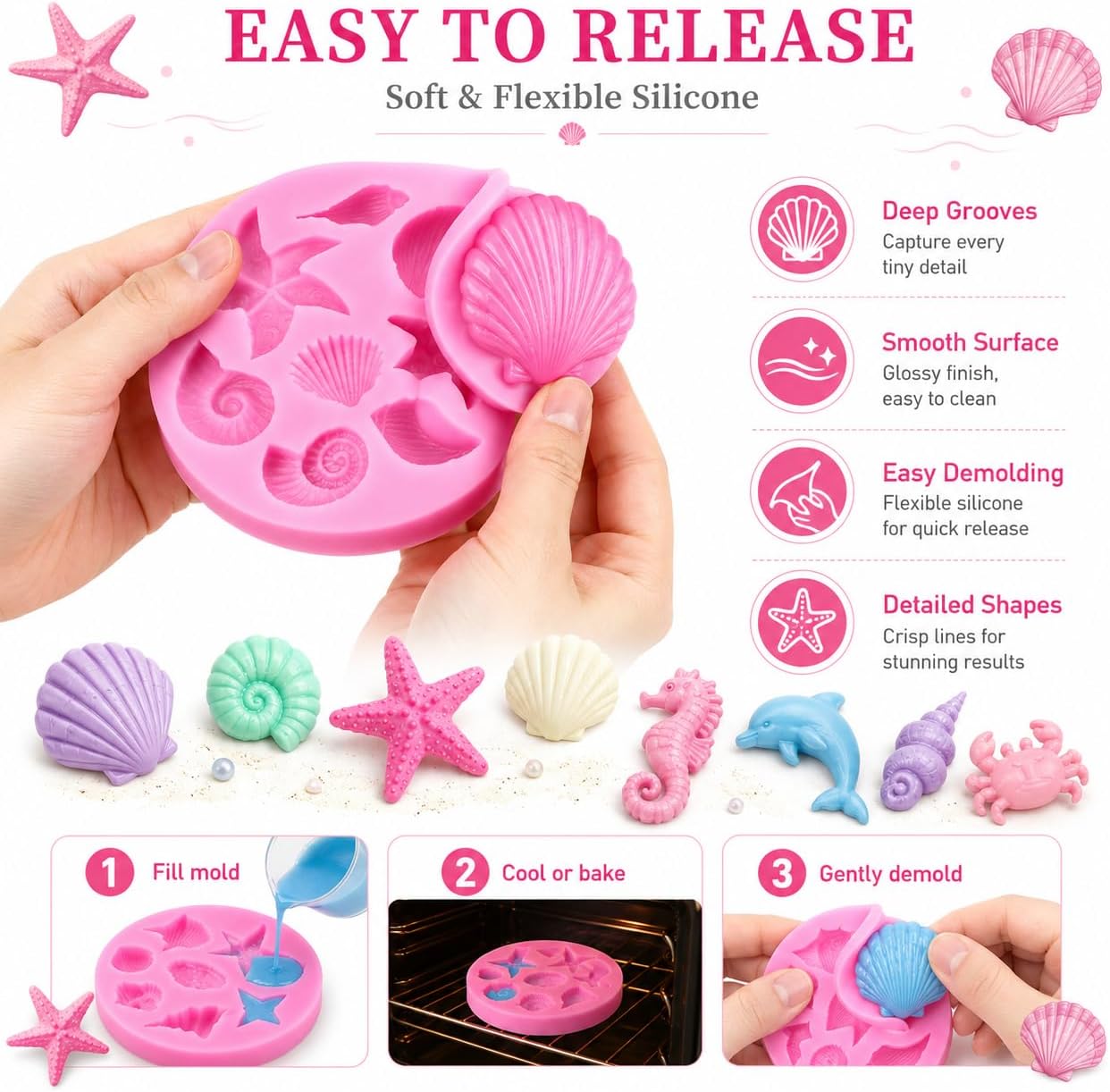 4 PCS Marine Theme Cake Fondant Silicone Mold Seashell Conch Starfish Dolphins Seahorses Crabs Fish Baking Molds For Cake Decorating Cupcake Topper Chocolate Candy Polymer Clay Baking Desserts