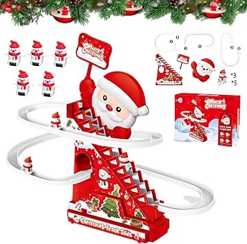 Animated Christmas Tree Ski Slope, Musical Gingerbread Ski Slope, Electric Santa Climbing Slide Track with LED Lights & Music, with 3/5 Characters with 5 Characters