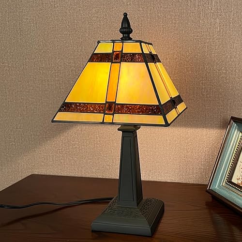 Tiffany - Lámpara de mesa pequeña hecha a mano con vitrales, lámpara de escritorio antigua estilo misión ámbar para dormitorio, sala de estar,