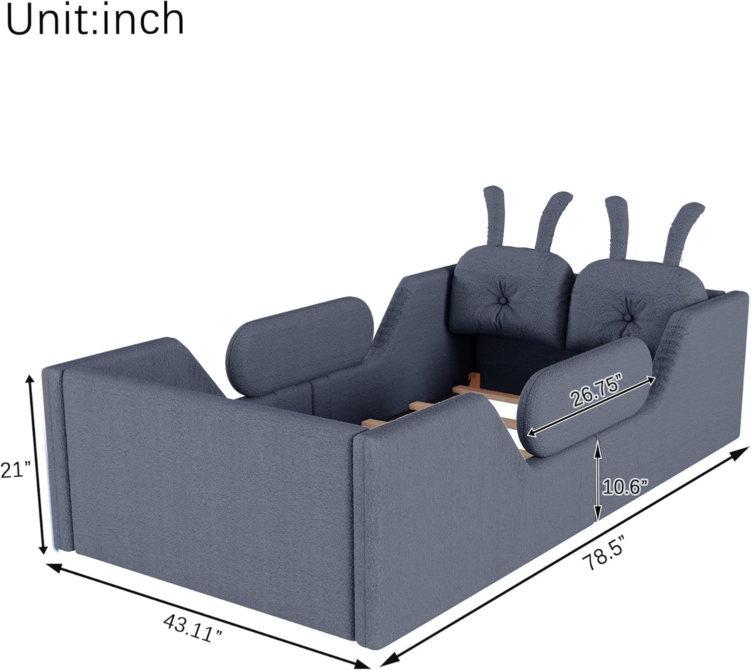 LUMISOL Twin Size Upholstered Platform Bed with Rabbit Cushion, Kids Floor Upholstered Bed with Removable Side Rails, No Box Spring Needed, Grey
