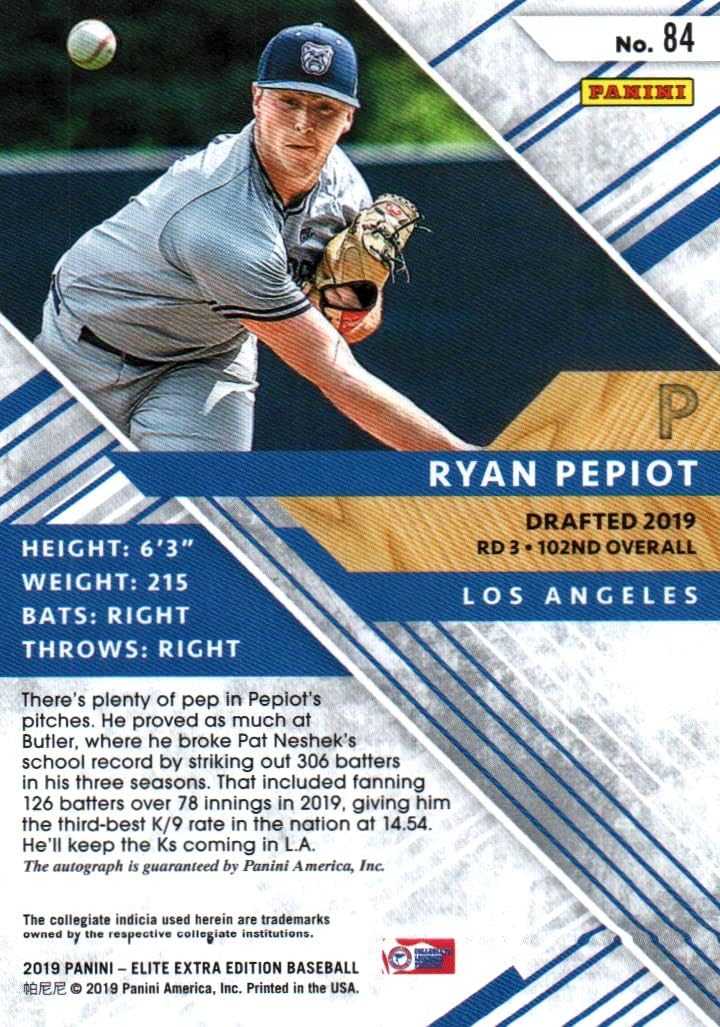 Ryan Pepiot Autographed Collectible Baseball Card - 2019 Panini Elite Extra Edition Baseball Card #84 (Dodgers) Free Shipping & Tracking
