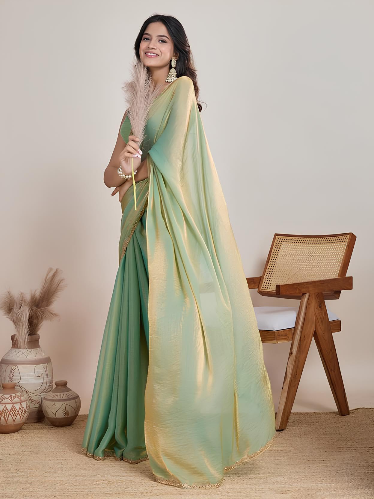 Sidhidata Women's Soft Zimmy Choo Fandy Silk Saree With Hand Work Lace Boarder & Comes With Unstitched Blouse Piece (Chhaava Pista_Pista_Free Size) - Image 5 thumbnail