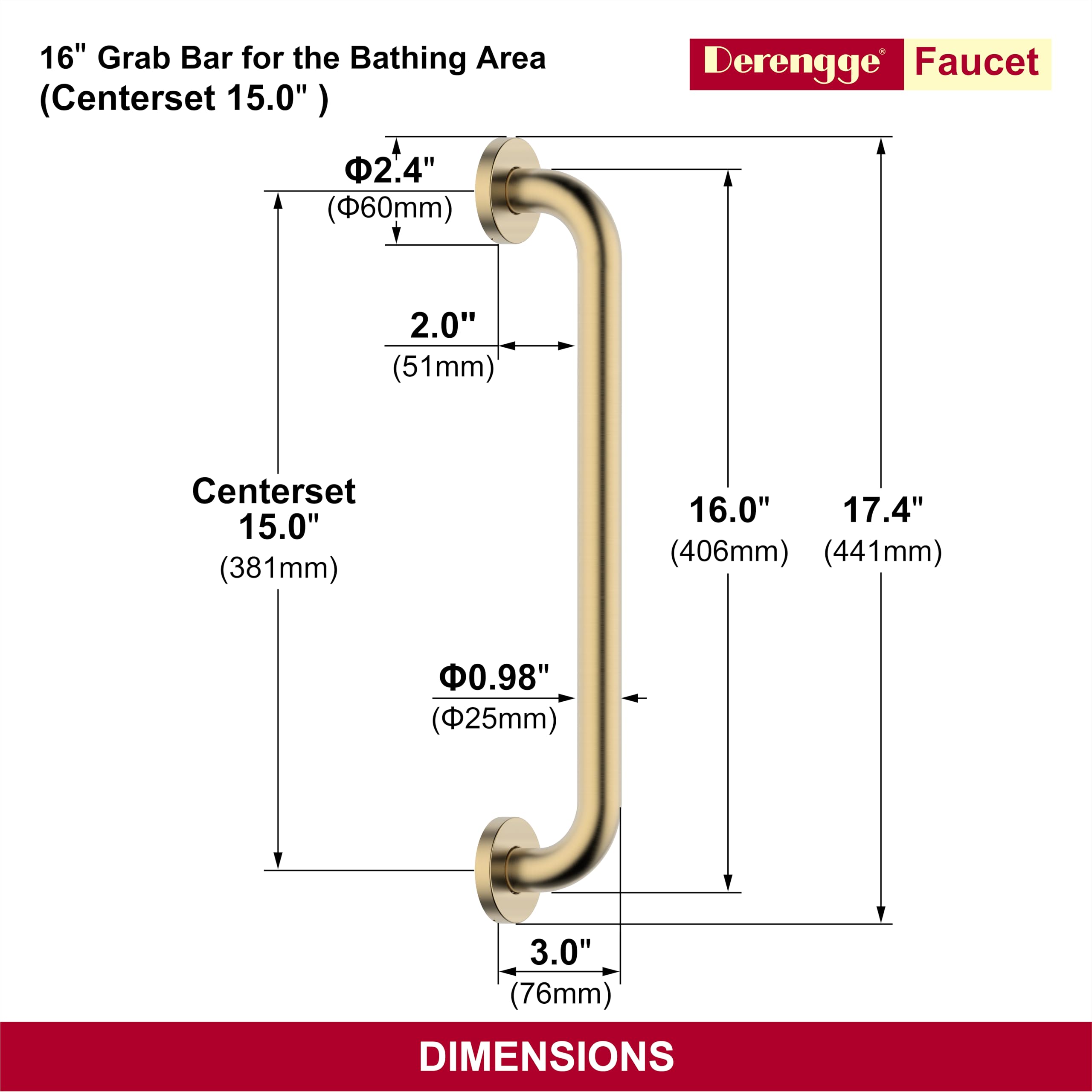 Barra di sostegno da 40,6 cm in acciaio inossidabile 304, antiscivolo, per bagno, bagno, doccia, WC, supporto per il bagno, per disabili, vasca da bagno, doccia, WC, GB-4023-BG, oro
