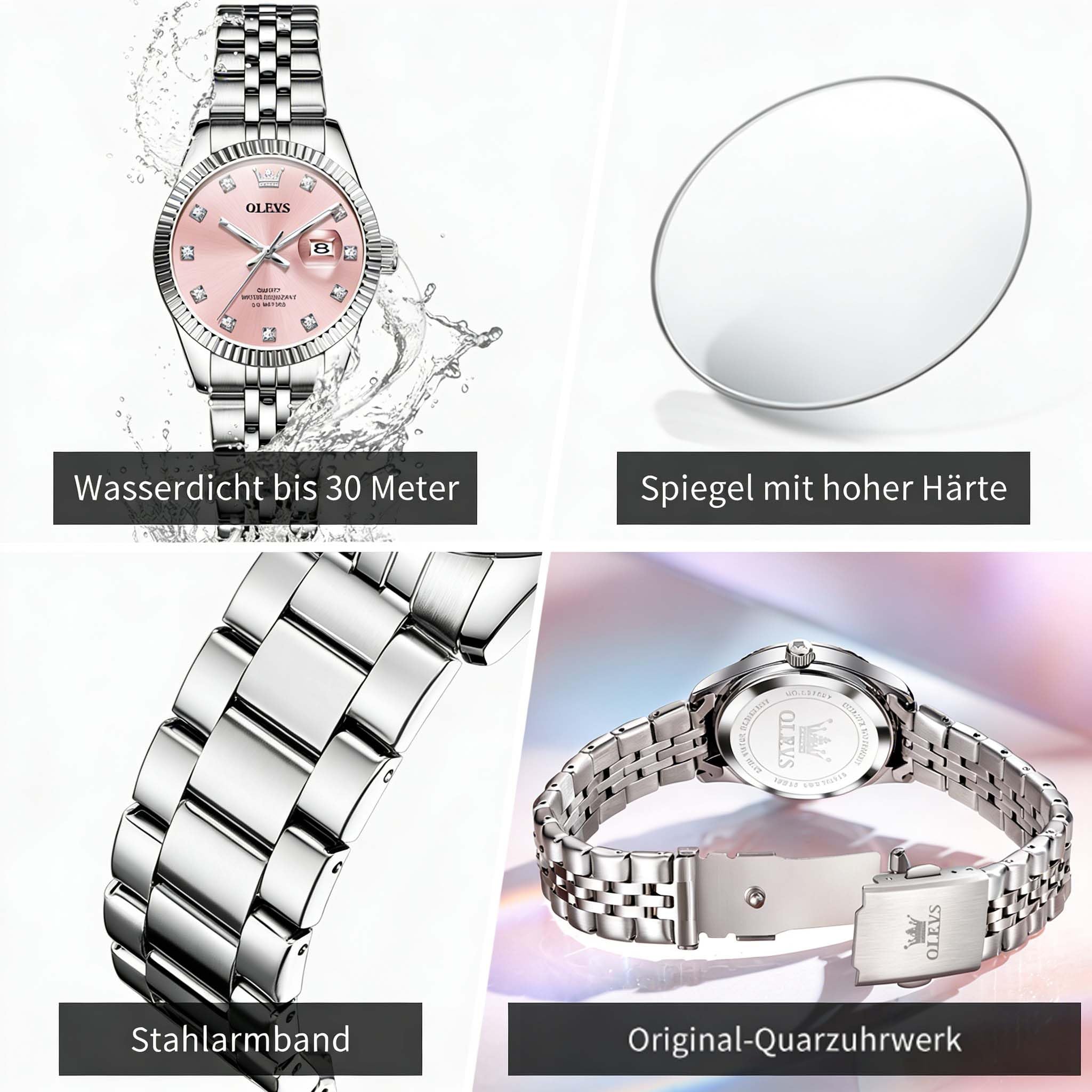 OLEVS Damenuhr Elegante Wasserdicht Klassische Frauen Uhr mit Quarzwerk, Modisches Design mit Datumsanzeige Leuchtzeiger Armbanduhr Damen Exquisites Design für Damen Schlicht Armbanduhren