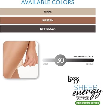 L'eggs Sheer Energy Women's Medium Support Compression Tights, Control Top, Reinforced Toe