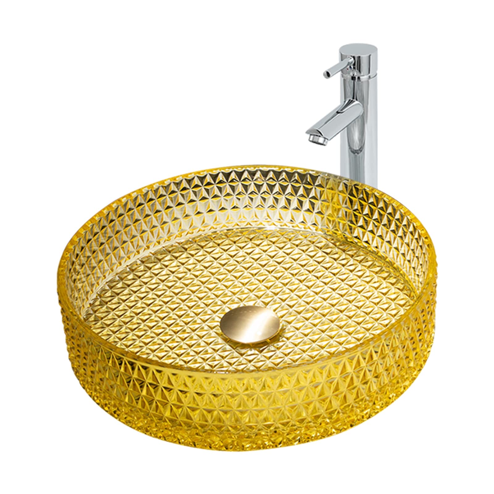 WOTZOV Vessel Sink, Glass Countertop Installation, Artistic Vanity Sink With Chrome Faucet And Gold Drain