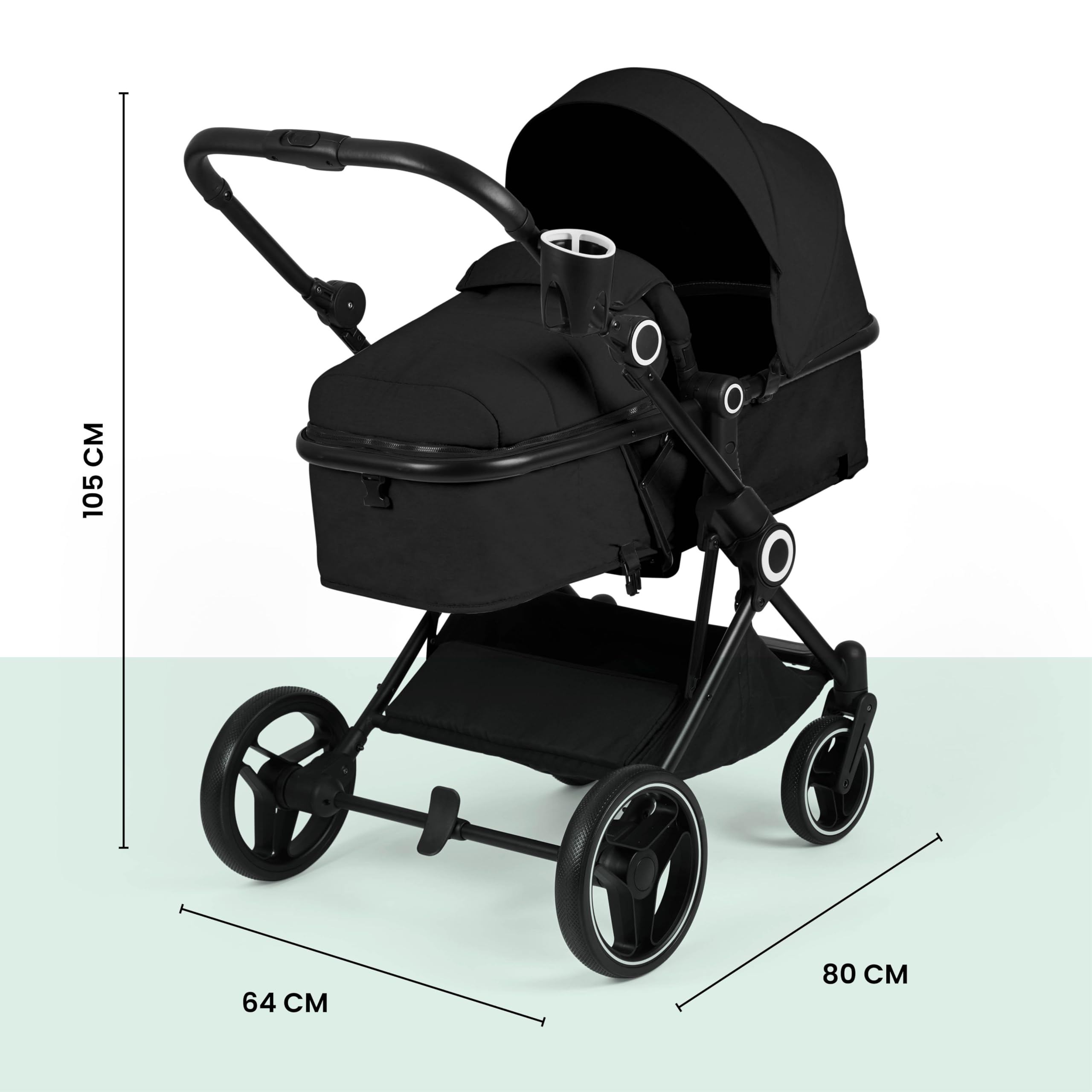 Ickle Bubba Atom 2w1 – od urodzenia do 22 kg, lekki, kompaktowy, rozkładane siedzisko, przodem i tyłem do rodzica, duży kosz, budka przeciwsłoneczna z daszkiem (Czarny)