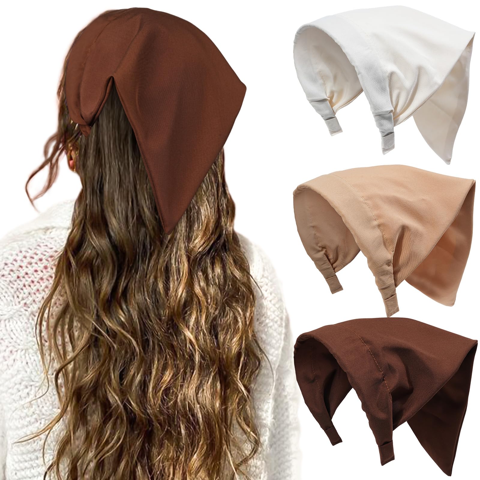 HAIMEIKANG Floral Hair Scarf Headbands for Women Boho Bandanas for Women Triangle Kerchief Solid Color Hair Bands Vintage Head Scarf (Beige+Coffee+