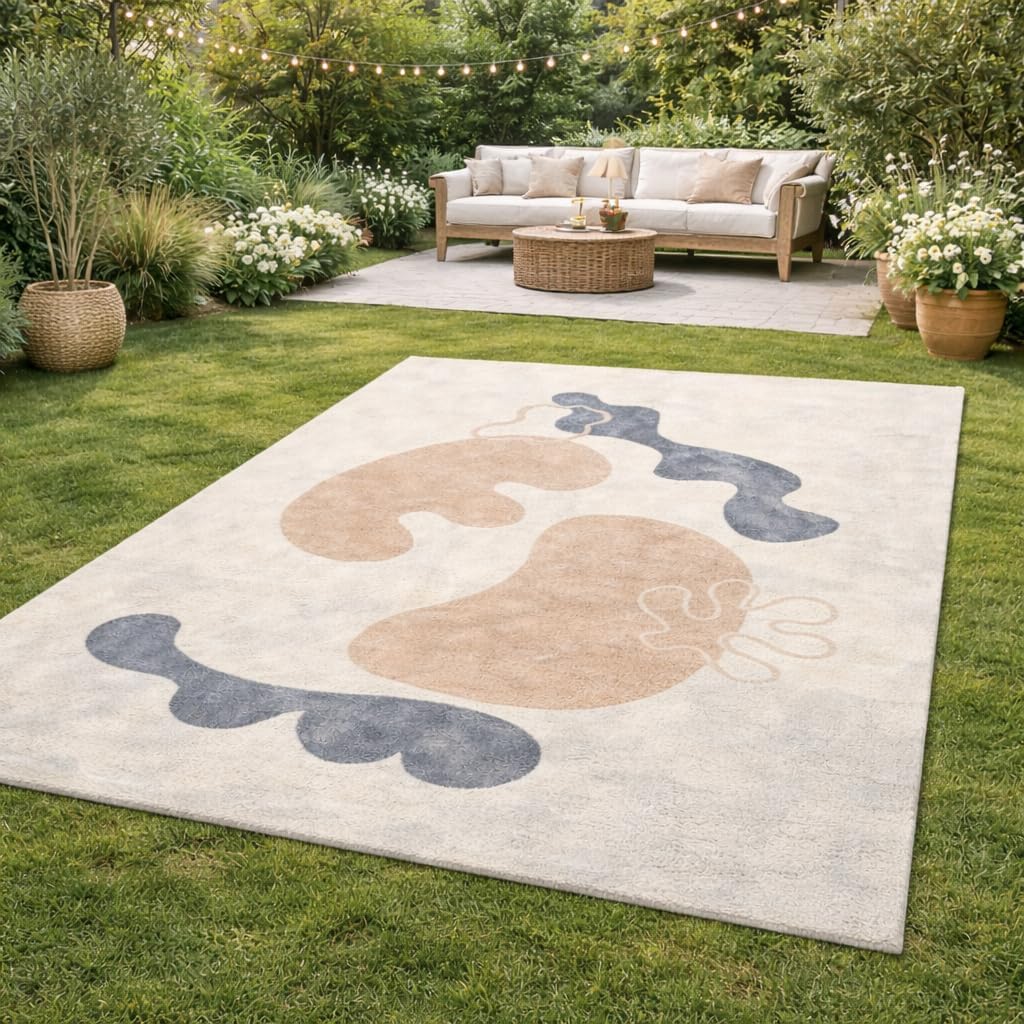 Wool Abstract Area Rug, Ivory Beige Charcoal Modern Hand Tufted Rug for Living Room, Bedroom & Home Décor 7x10, 6x9, 8x10, 9x12 Sizes