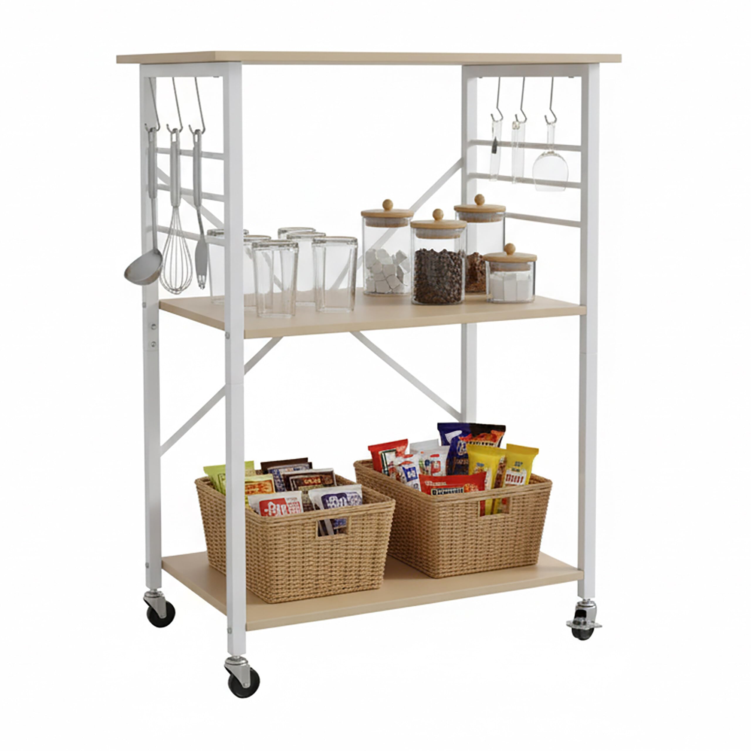 Relaxdays Carrello da Cucina, 3 Ripiani, 6 Ganci, Metallo, casa e Ufficio, HLP: 89x60x40 cm, Effetto Legno/Bianco