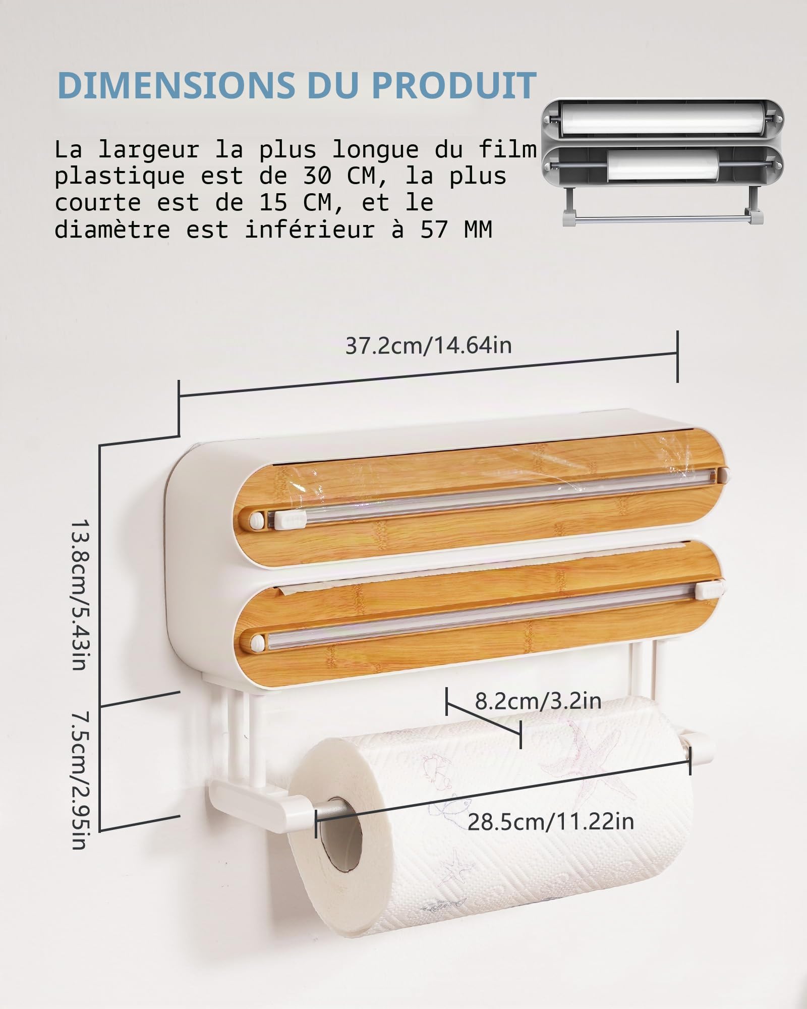 3 in 1 Derouleur Film Alimentaire avec Porte Sopalin Cuisine, Distributeur Film Alimentaire, Magnétique Distributeur Papier Aluminium et Film avec Coupeur (Couleur Bambou et Bois)