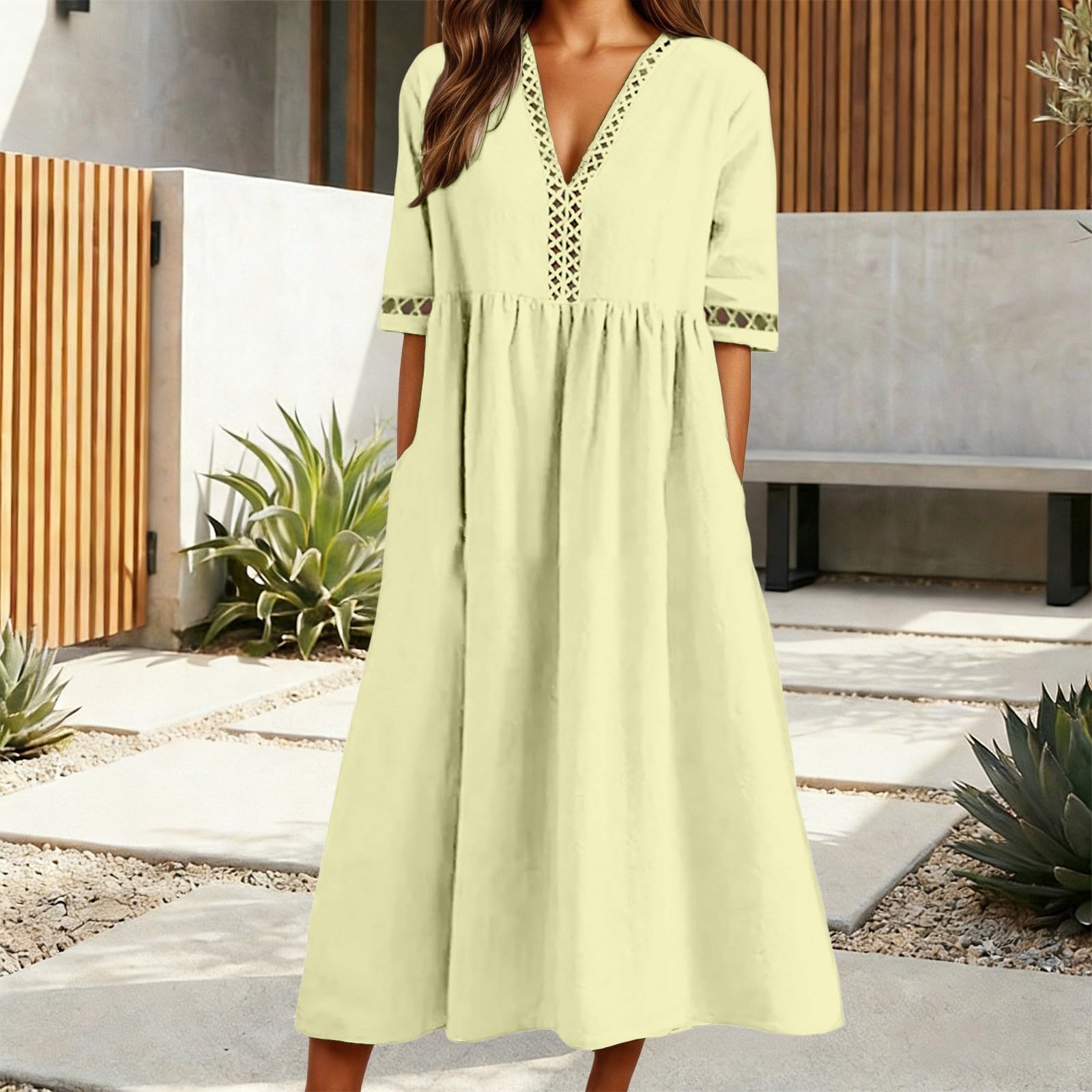 Vestito Spiaggia Donna Abito Lungo Estivo da Donna in Cotone e Lino con Scollo a V all'Uncinetto, Casual e Ampio, Ideale per la Spiaggia Le Vacanze, con Tasche. Abito Lungo Elegante
