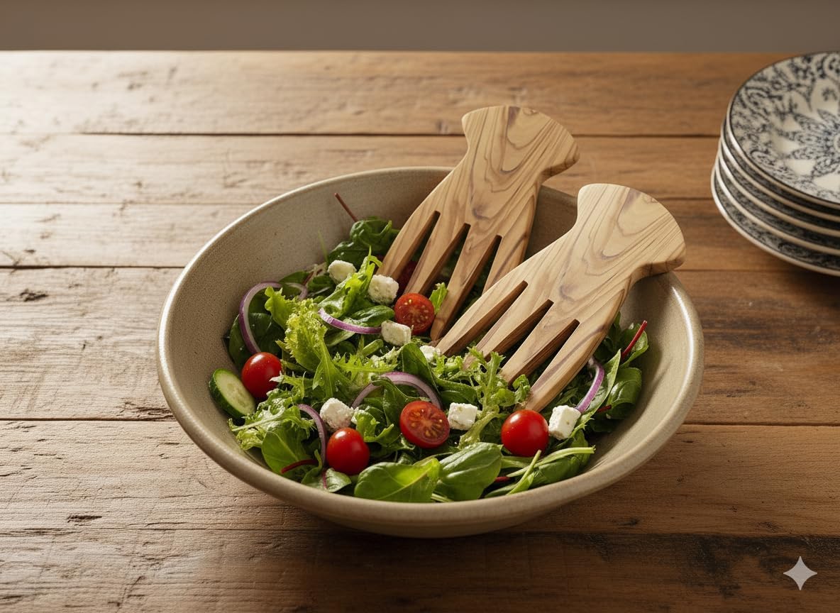ELAR WOODEN-Olive Wood Salad Hands, Wooden Salad Tongs for Serving Salad Mixes