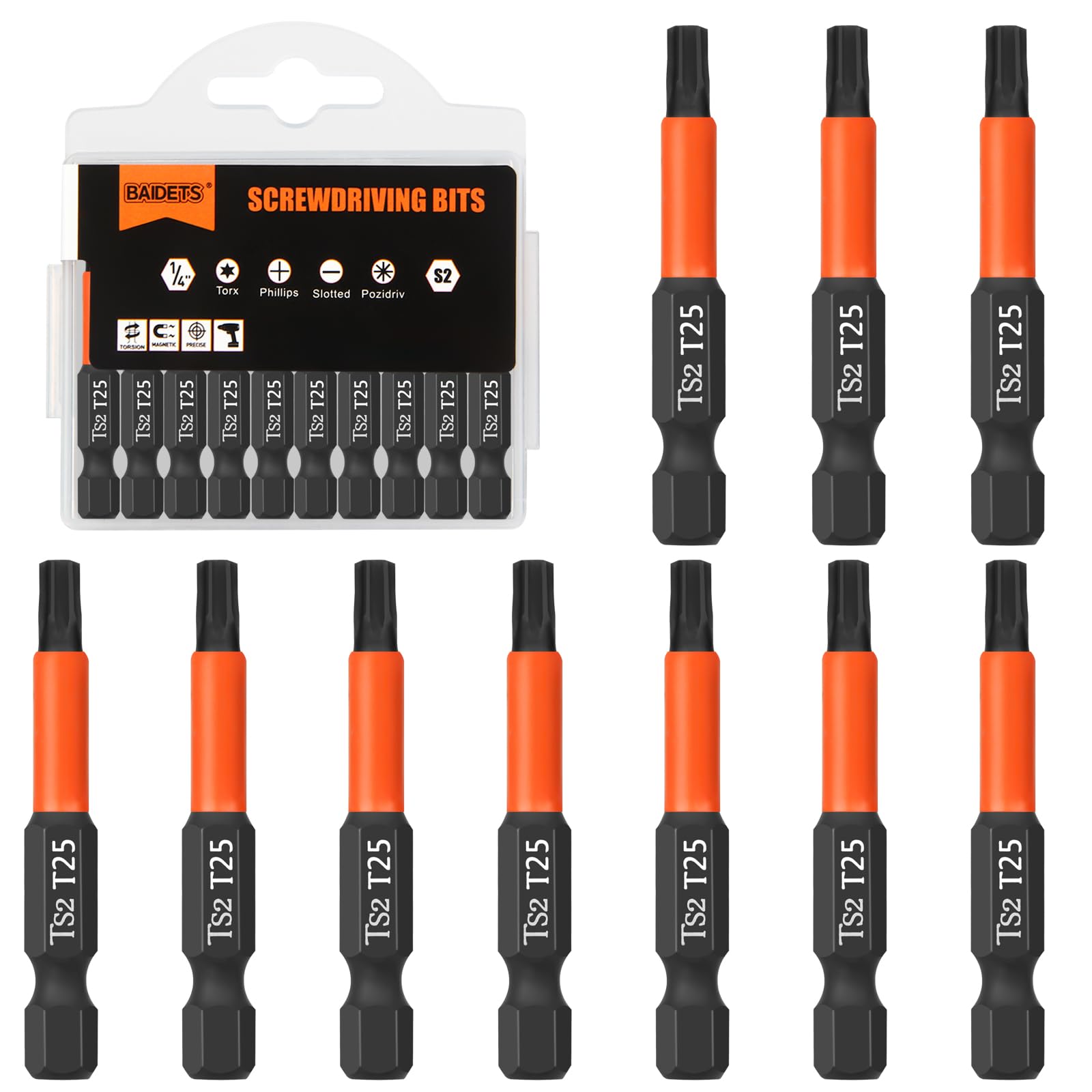 BAIDETS Pro T25 Schrauber Bit Set - Schraubendreher Torx 10 Stück, 50mm Länge, 1/4