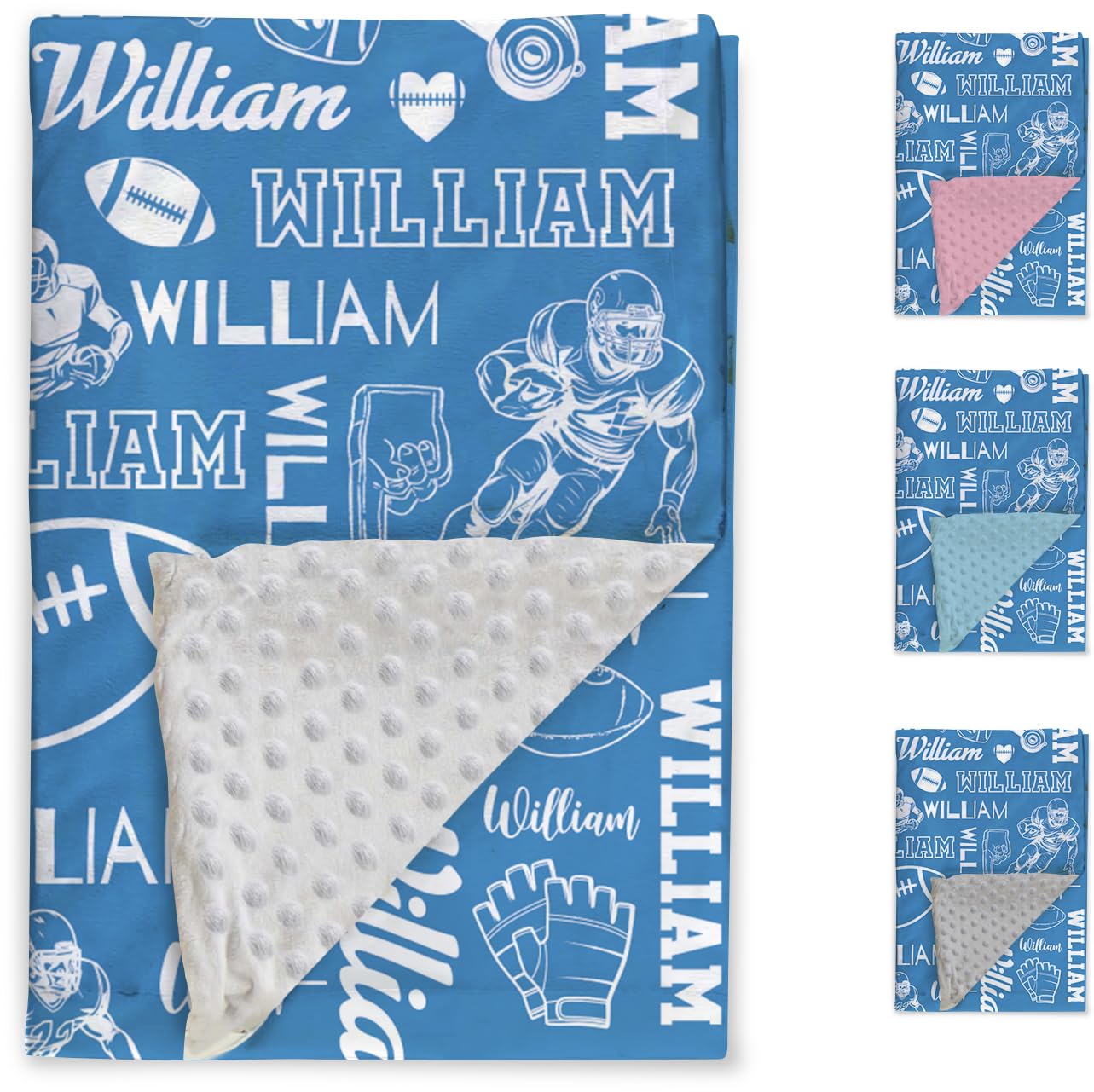 Duckbe Personalized Football Blanket - Custom Names Soft Plush Flannel Blanket with Double Layer Dotted Backing for Baby Kid Teen Boys Girls Gifts Light Blue