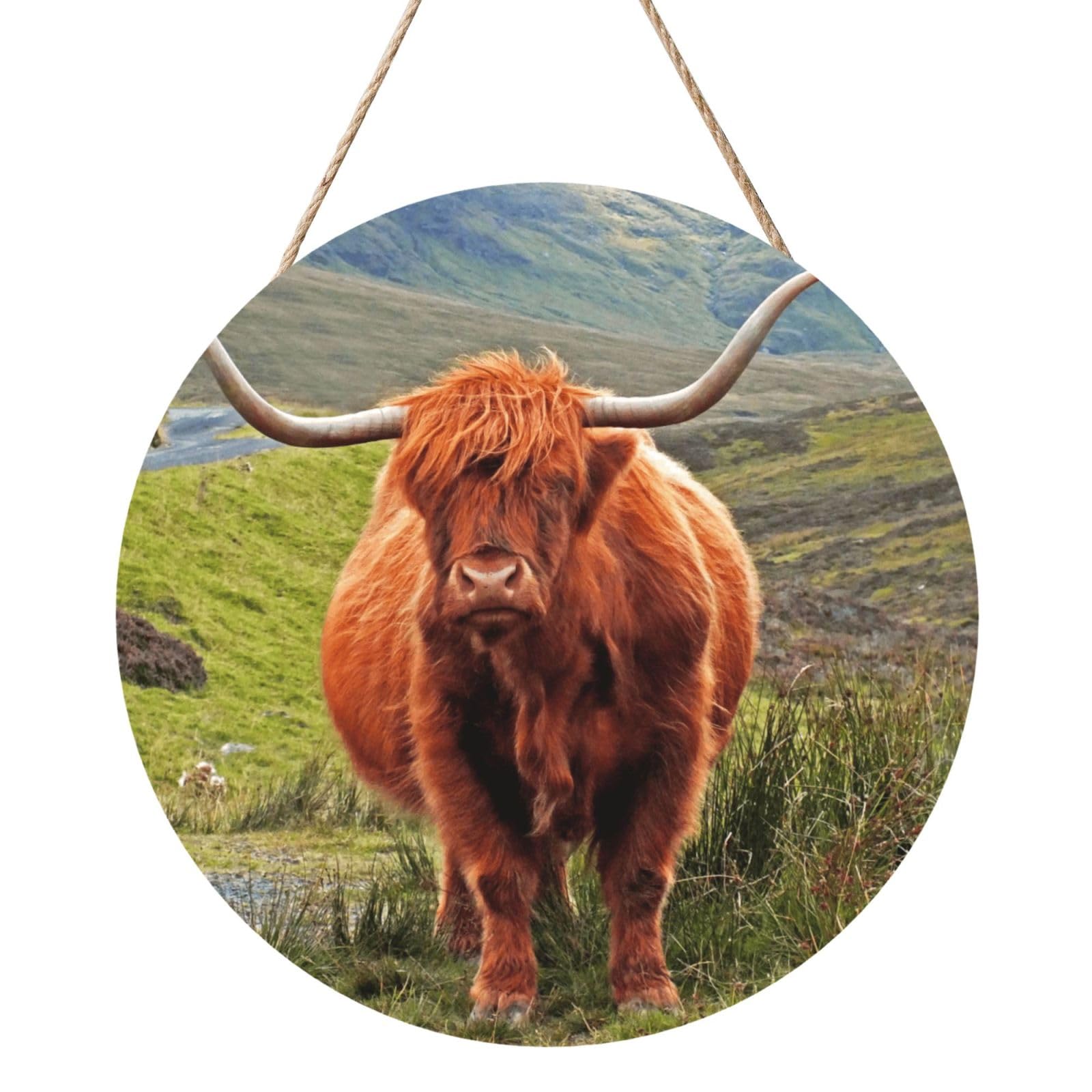 InOmak Brown Highland Cattle, Round Wood Panel Painting 12 in, Wall Hanging Painting For Home