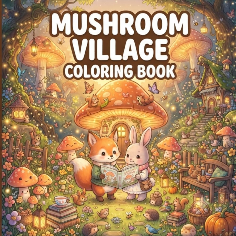 Cozy Mushroom Village Coloring Book: Cute & Cozy Fantasy Forest Scenes with Adorable Mushroom Homes for Relaxing Coloring Fun
