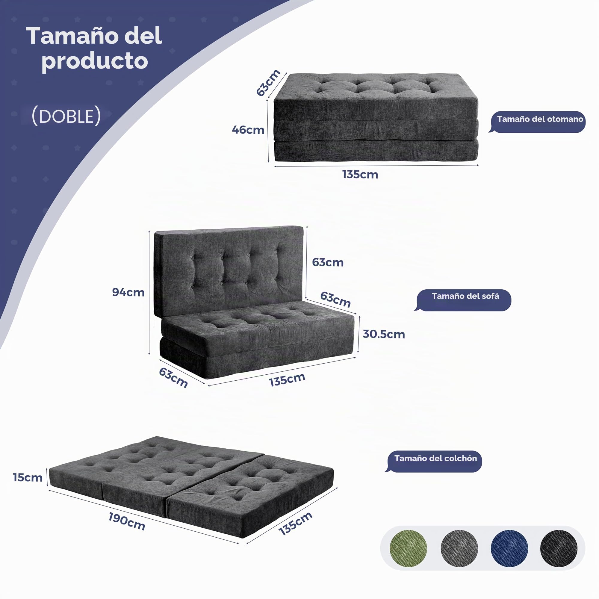 MAXYOYO Colchón Plegable Doble, Cómodo Futón de 15 cm con Tela de Chenilla, Sofá Cama Plegable de Tres Partes para Invitados, Cubierta Portátil para Camping