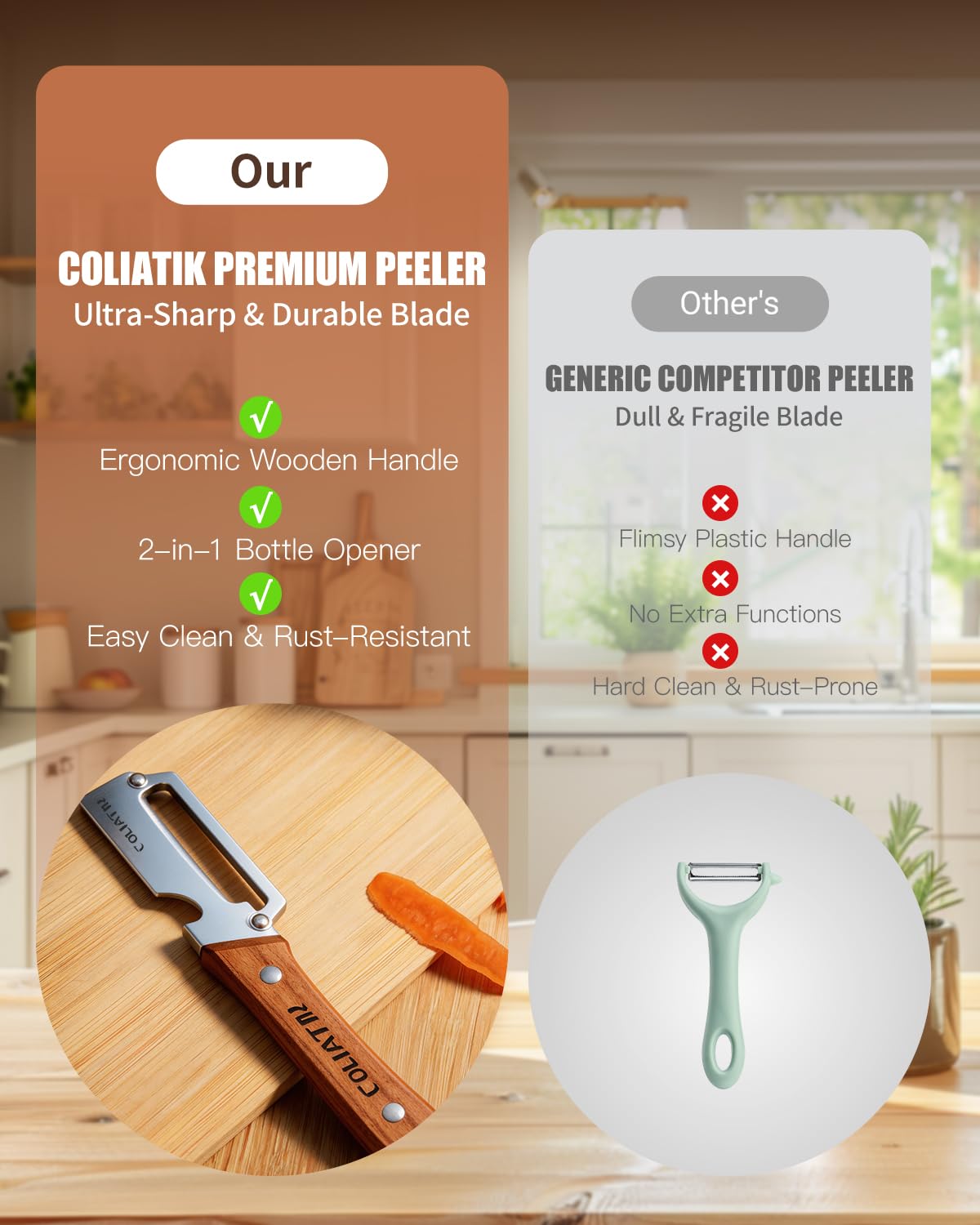 Zero Snag Wooden Kitchen Tools 2-in-1 Multifunctional Vegetable Peeler for Opene Multi-Functional Premium Stainless Steel with Woodens Handle and 2026 New Tool with Bottle Opener (3pcs) — view 5