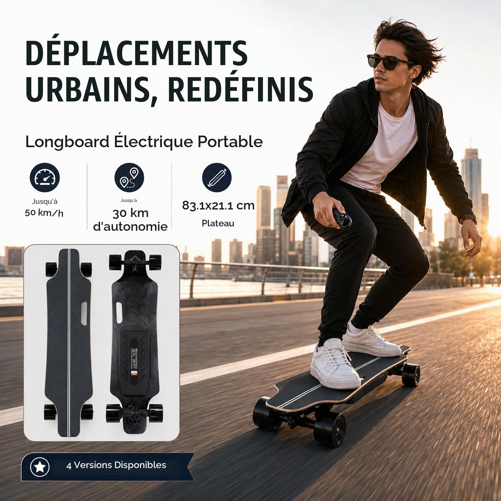 Skateboard Électrique Adulte, Longboard Électrique avec Télécommande sans Fil, Jusqu’à 50 km/h, 30 km d’Autonomie, 4 Modes de Vitesse Singlemotor9Mile