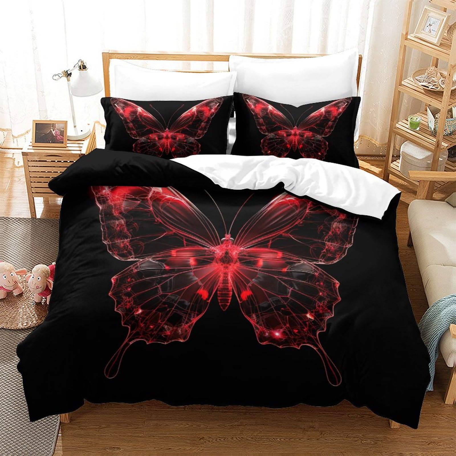 Parure de lit papillons 3D 220x240 cm en microfibre premium avec taies d'oreiller