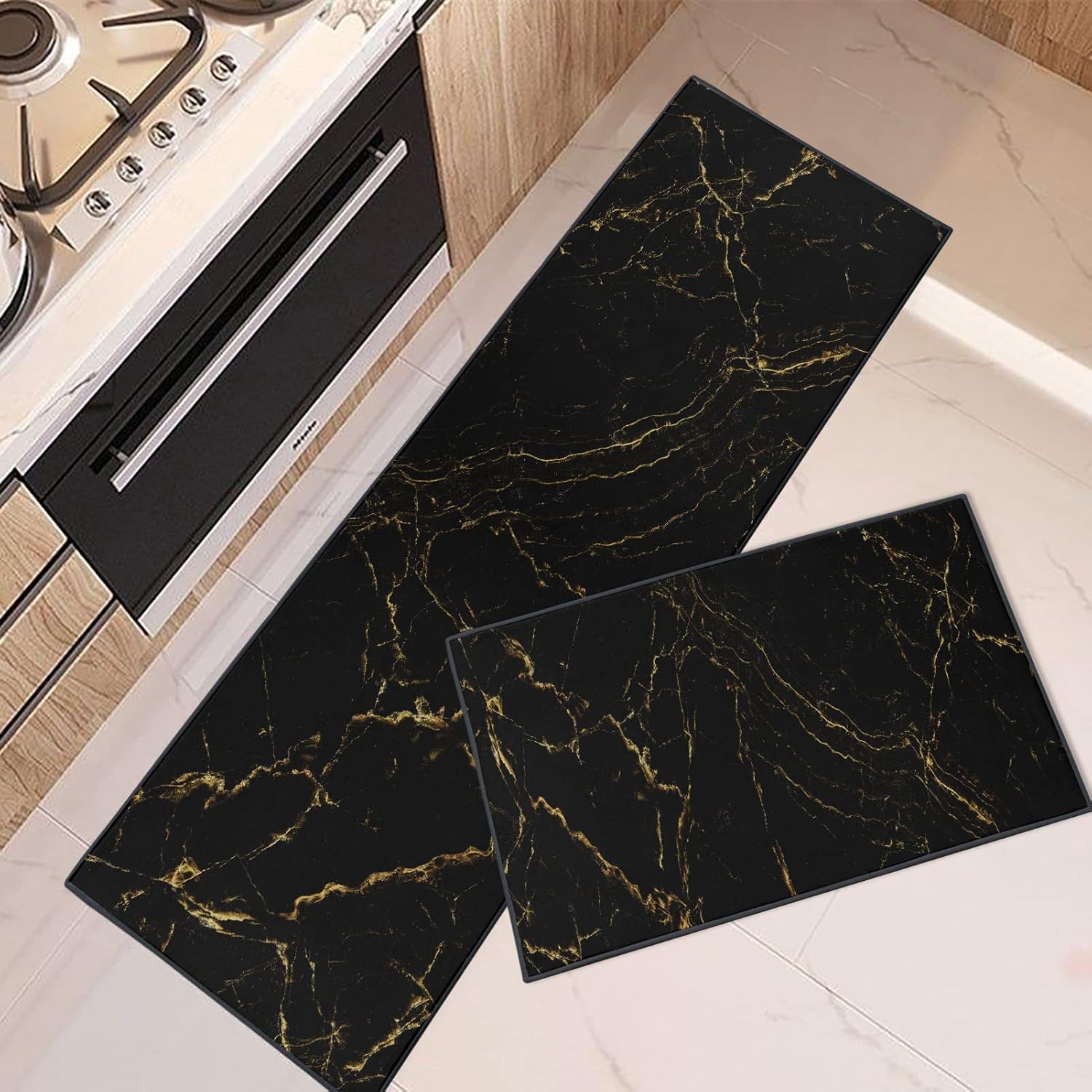 ArtSocket Kitchen Rugs and Mats Non Skid Washable Set of 2, Marble Black Abstract Runner Rug, Marble Golden Gold Floor Mat Under Sink Mat Throw Rug for Kitchen Doormat