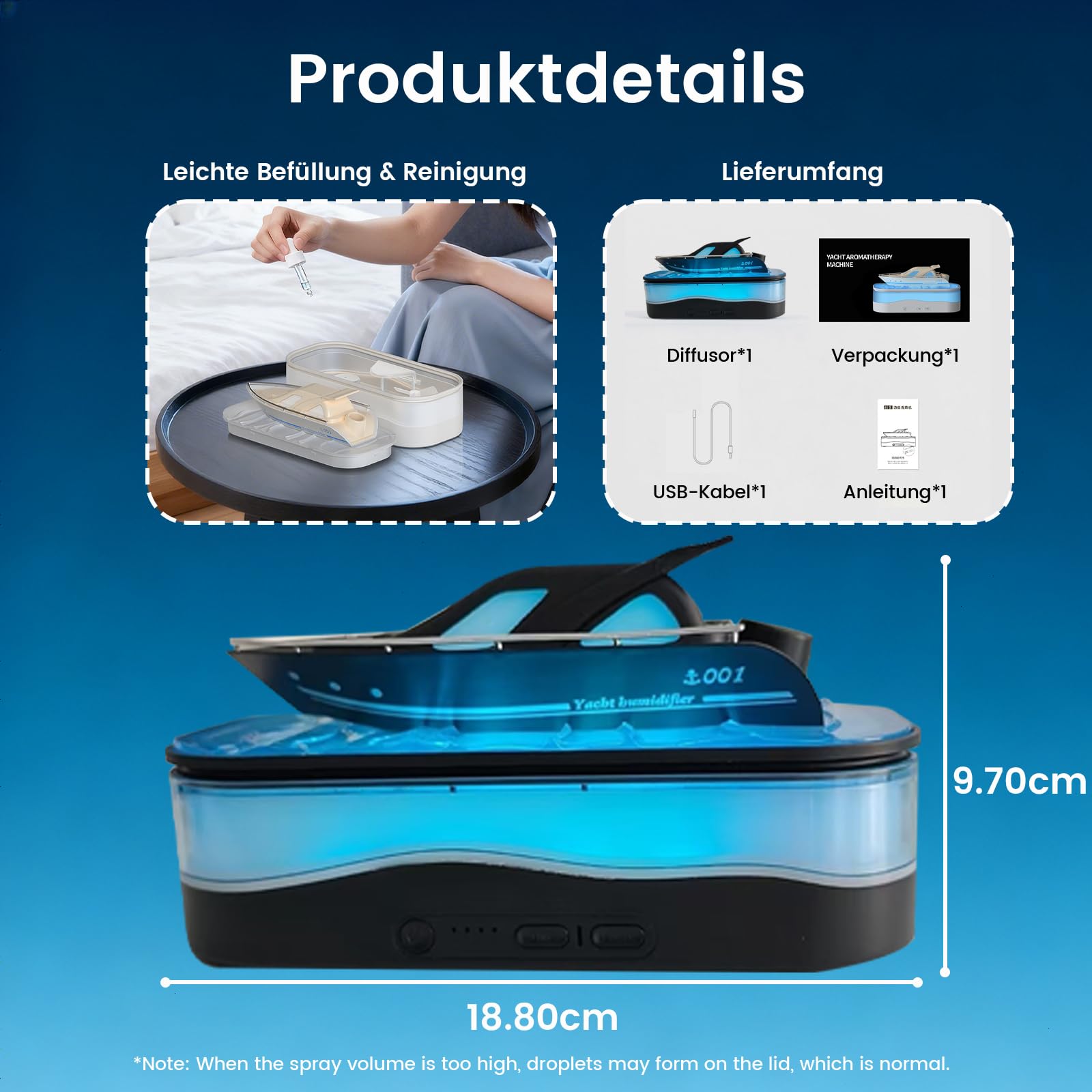 Umidificatore, Cool Yacht Aroma Diffusore con telecomando e 7 colori luce, 150 ml, umidificatore ad ultrasuoni, camera da letto con spegnimento automatico e timer, 3 modalità di aromaterapia per casa