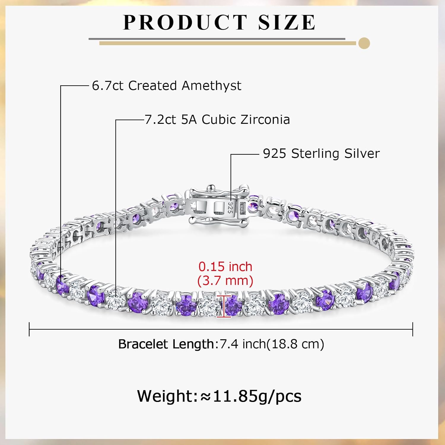 Birthstone Tennis Bracelets Sterling Silver 3.5mm 5a Cubic Zirconia Amethyst, Aquamarine, Emerald, Ruby, Peridot or Blue Sapphire Tennis Bracelet for Women with Toggle Clasp, 7.25"