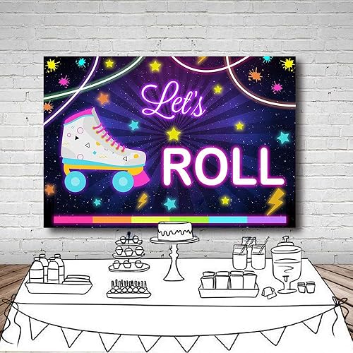 Miniatura 5 de Let's Roll - Fondo de cabina de estudio fotográfico de cumpleaños, patinaje sobre ruedas, decoración de fiesta de arcoíris neón para niñas, telón de