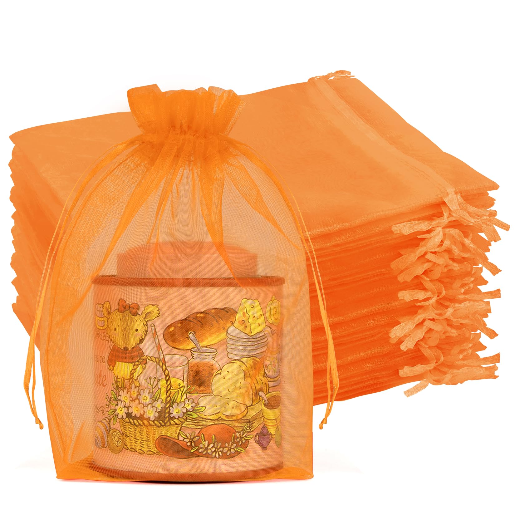 Crweety 50Pcs Organza Bags 5x7, Orange Small Mesh Gift Bags Drawstring Bulk