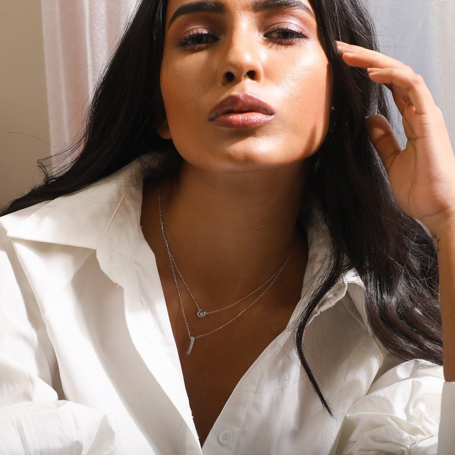 TARINIKA Nakshatra 925 Sterling Silver Two Layer Necklace for Women | White Rhodium Plated Minimalist Double Chain with High Grade CZ Pendants | Adjustable Length Jewelry Gift - Image 3