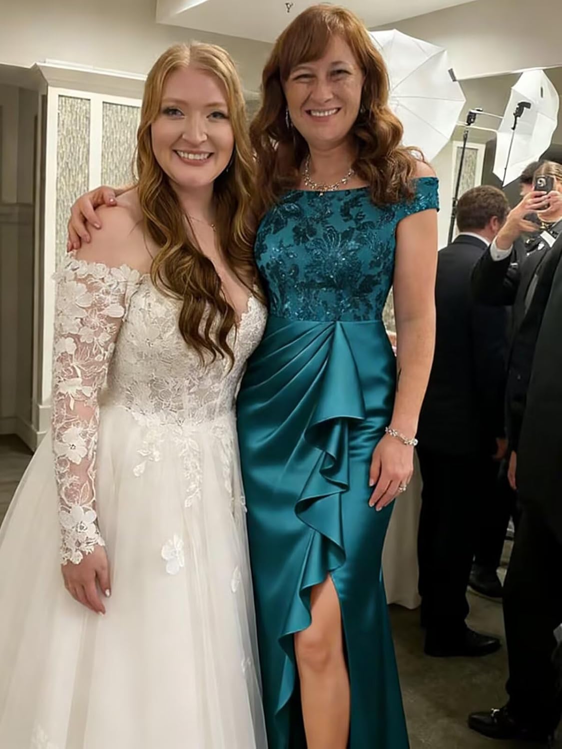 Sequin Mother of The Bride Dresses with Slit Satin Mermaid Off Shoulder Ruffles Formal Evening Gown - Image 4