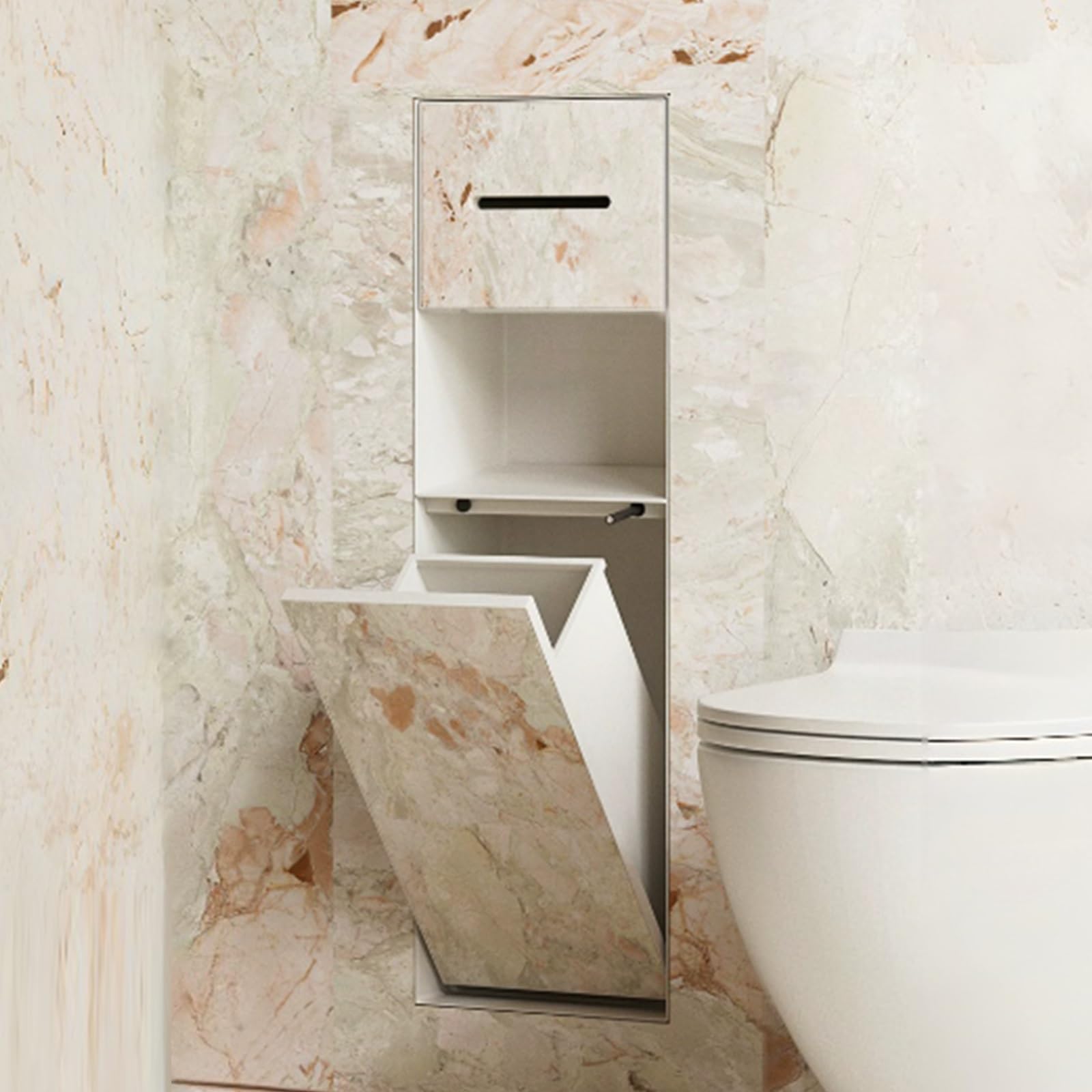 Nicho Oculto para Papel higiénico con Estante y Cubo de Basura, | Con cubo de basura oculto y soporte para papel higiénico,Requiere Panel (no Incluido),para reformas de Pared(Wit,24*64*14cm)