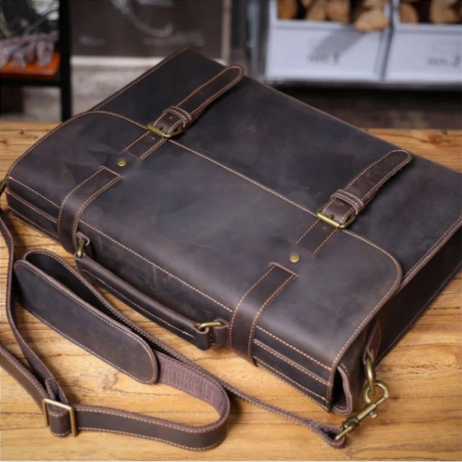 Bolso de mano for hombre, piel auténtica, for negocios, bandolera hombro, for ordenador 15,6" Para Negocio Colegio Trabajo Café