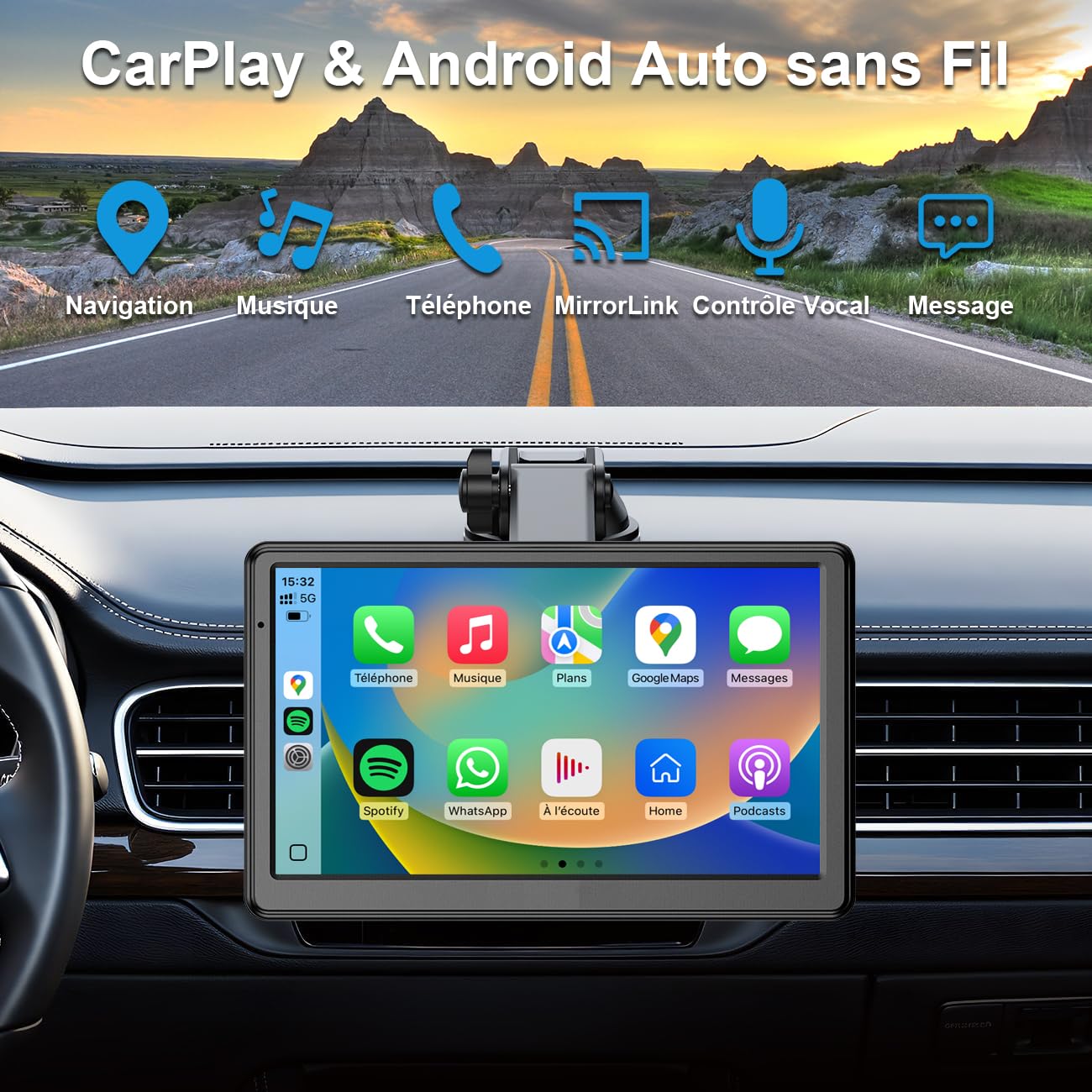 Autoradio sans Fil, CarPlay Voiture & Android Auto, Portable Stéréo de Voiture avec Contrôle Vocal, Navigation GPS, FM, MirrorLink, Bluetooth Appels avec Mains Libres (7" & Caméra de Recul)