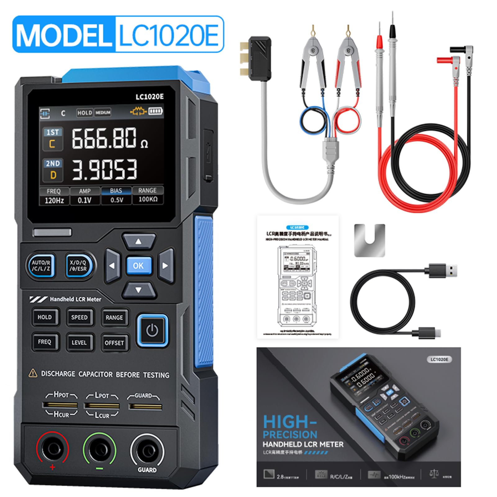 Yosoo Health Gear Miernik, Ręczny Cyfrowy Tester Pojemności z Zaciskami Kelvina, Automatyczny Pomiar od 100 Hz do 100 KHz, Dwuparametrowy Wyświetlacz TFT, do Napraw R i D Oraz Testów Przemysłowych