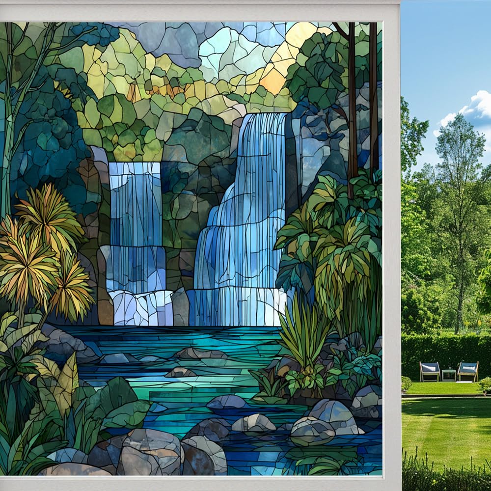 Abstract Forest Frosted Window Film, Natural Waterfalls Lake Scenery Stained Glass Privacy Film, Heat Insulation Self-Adhesive Vinyl for Bathroom Office, （90x140cm）