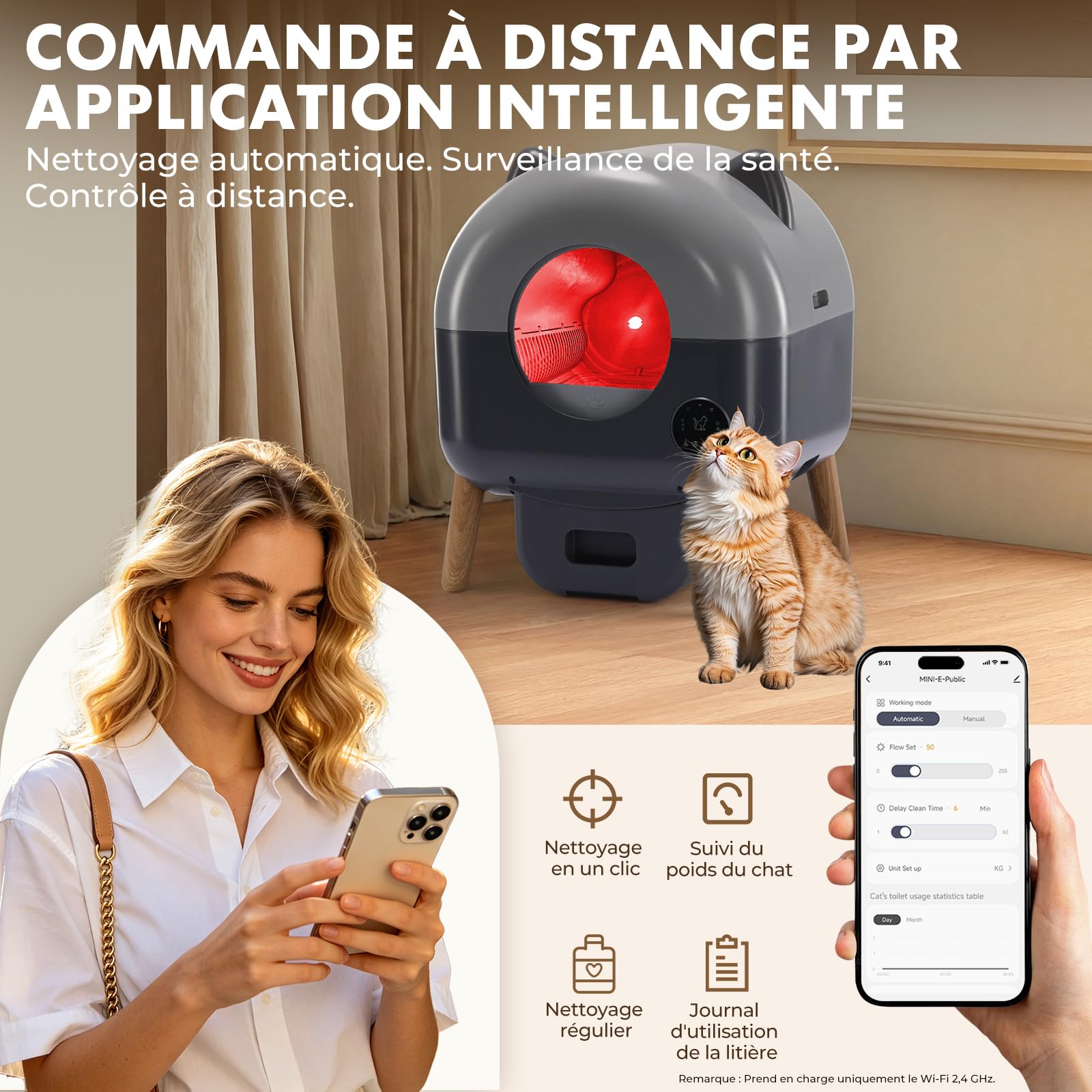 GTPLAYER Litiere Chat Autonettoyante 66L, Litière Automatique avec Contrôle APP, Anti‑Pincement, Éclairage LED 6 Couleurs, Bac Litiere pour Chat Inclus Tapis & Déodorant, pour Plusieurs Chats, Gris