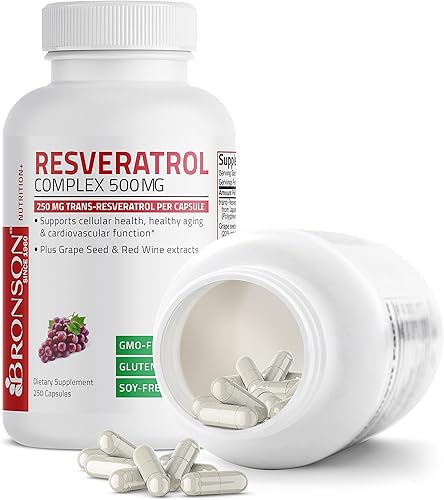 Miniatura 6 de Bronson Resveratrol 500 Complex Estandarizado Trans-Resveratrol + Extracto de Semilla de Uva y Vino Tinto, 250 Cápsulas