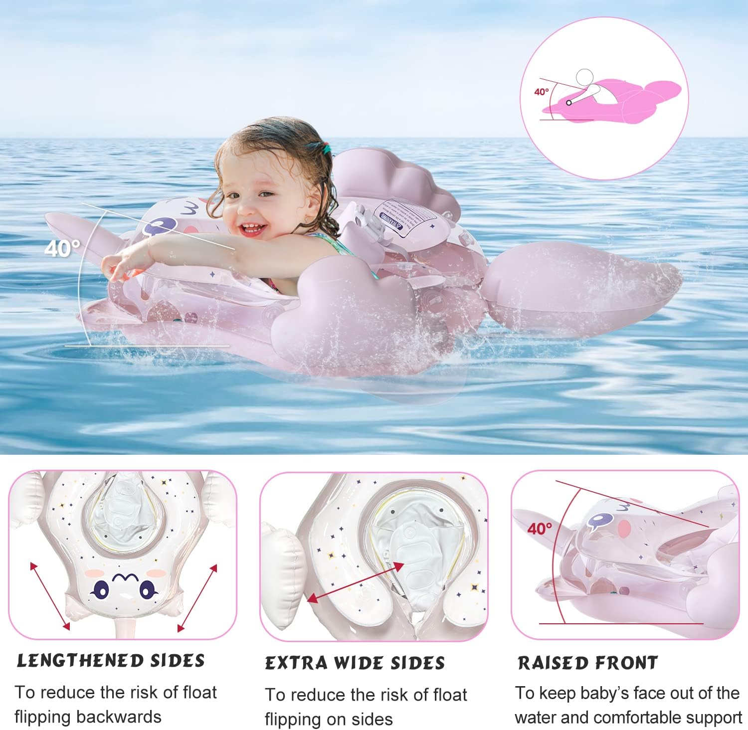 Baby Pool Float - Infant Inflatable Swimming Floaties with UPF50+ Sun Canopy - Bottom Support and Anti-Flip Tail for Safer Swim for Newborn Age 3-36 Months Toddler (Pink, L)