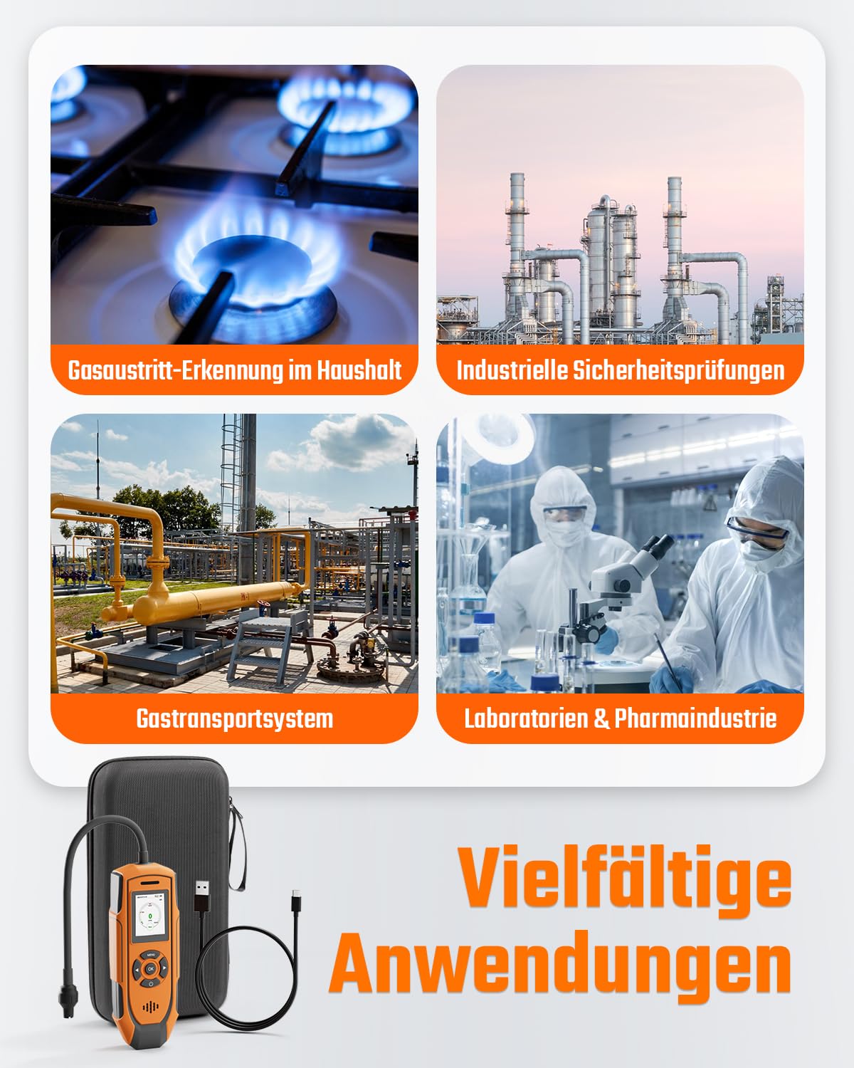 TopTes PT-990 Wiederaufladbarer Gasleckdetektor mit 28cm Flexibler Sonde, Erfassungsbereich 0-10000 ppm, Datenprotokollierung und 3 Alarmarten, Gasmelder für Propan, Methan für Industrie - Orange