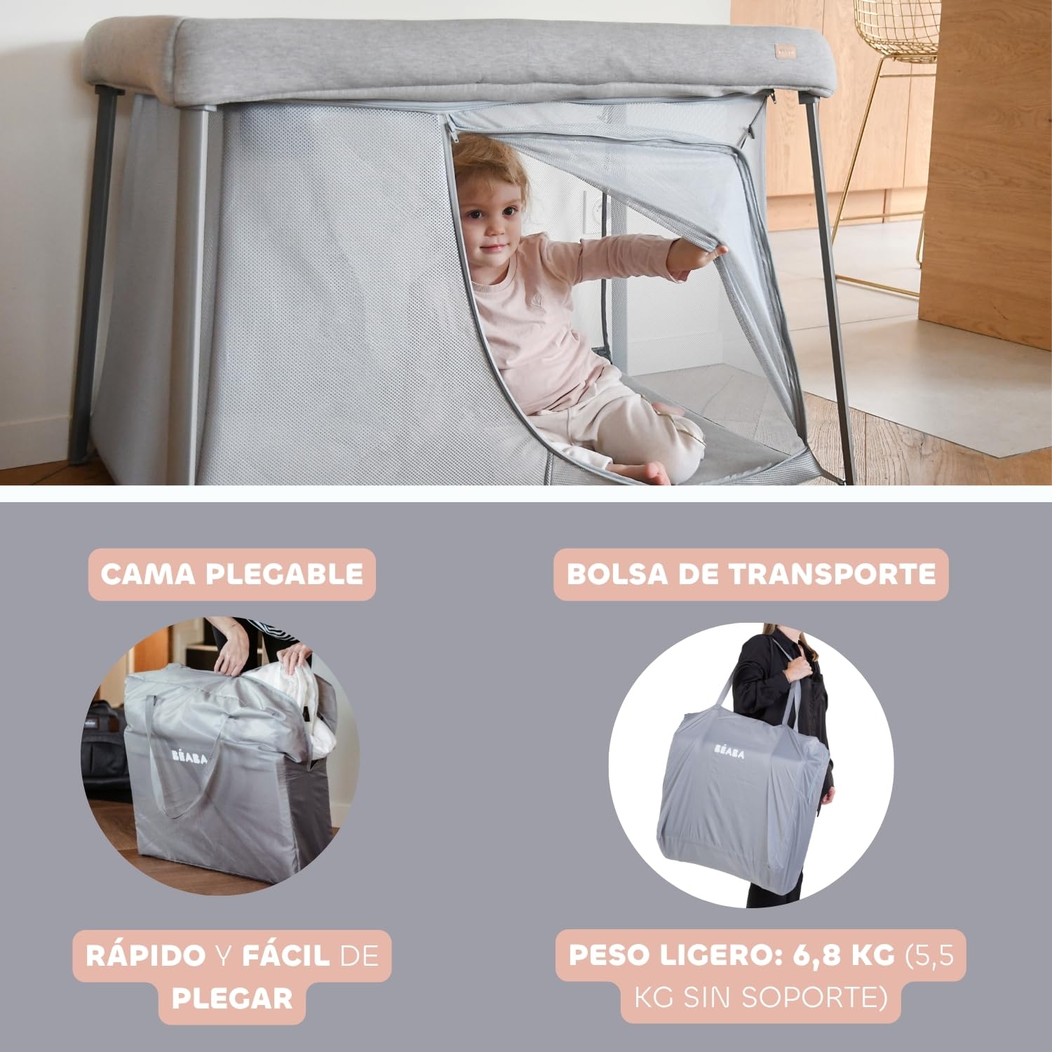 BÉABA, Cama Paraguas 3 en 1, Cuna Bebé, Cama Elevadora, Parque Infantil, Evolutiva, Ligera 6,8 kg, Plegable, Compacta, Bolsa y Colchón Incluidos, Transpirable, Tejido Oeko-Tex, Gris Brezo/Guijarro