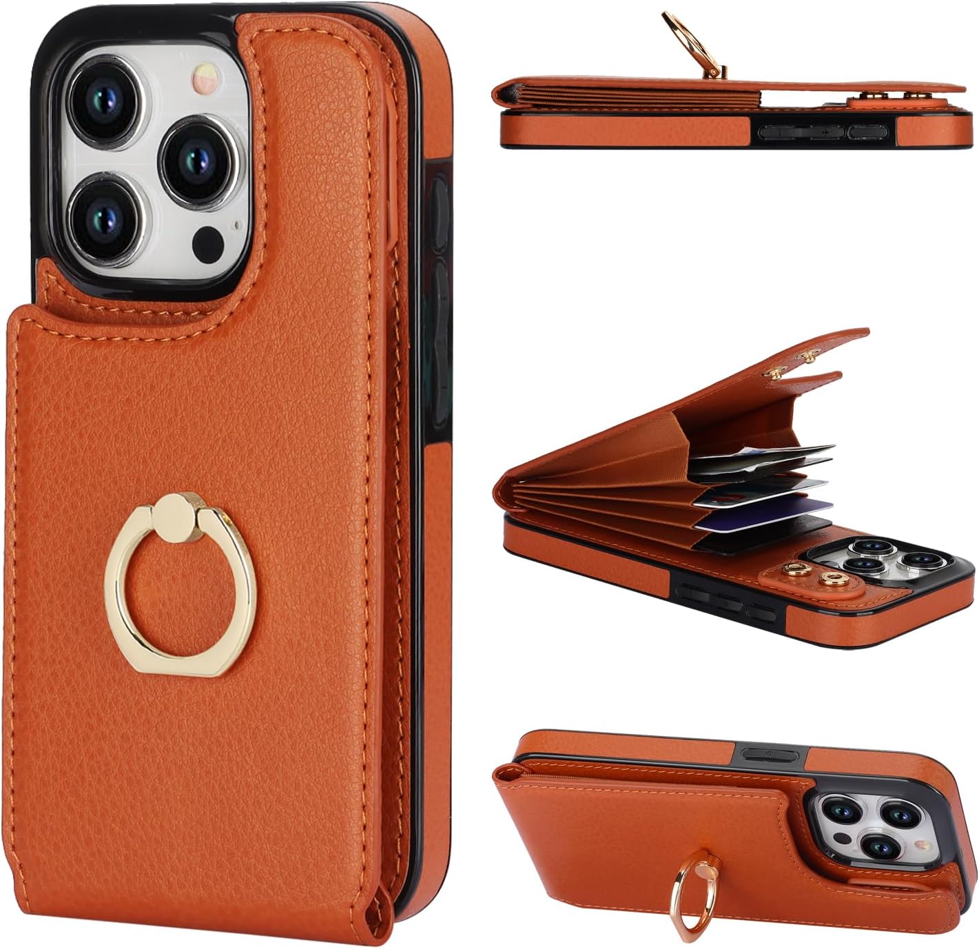 Folosu Compatible with iPhone 15 Pro Case Wallet with Card Holder, 360°Rotation Finger Ring Holder Kickstand, RFID Blocking Leather Protective Double Buttons Shockproof Cover 6.1 Inch Brown