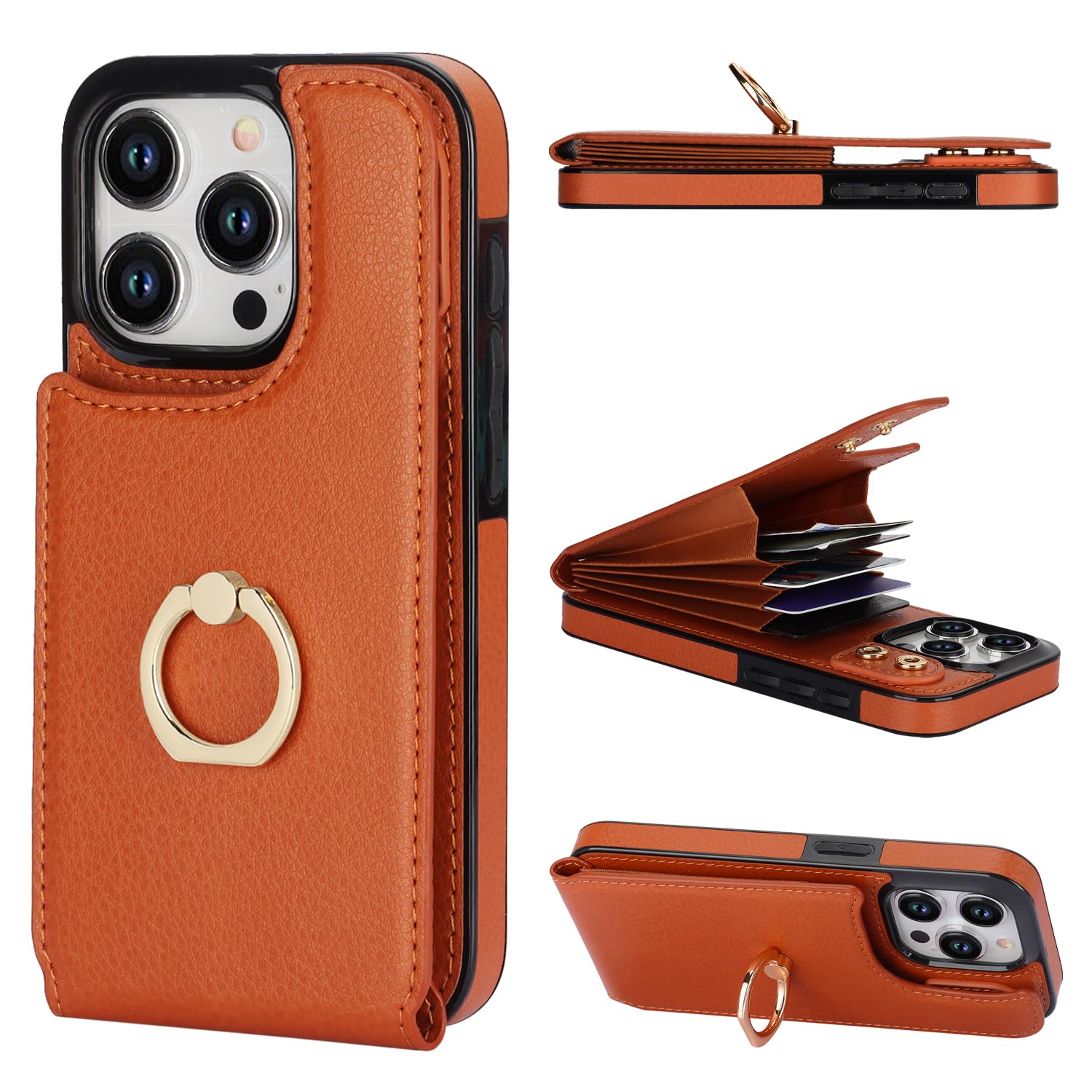 Folosu Compatible with iPhone 15 Pro Case Wallet with Card Holder, 360°Rotation Finger Ring Holder Kickstand, RFID Blocking Leather Protective Double