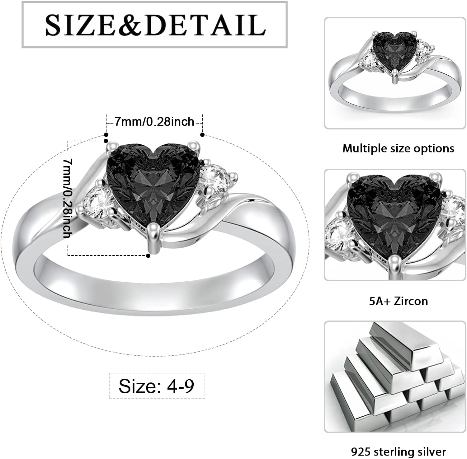Heart Crystal Rings 925 Sterling Silver Minimalist Solitaire 12 Month Birthstone Rings Personalized Engraved Name Ring Birthday Promise Jewelry Gift for Women (with Gift Box)
