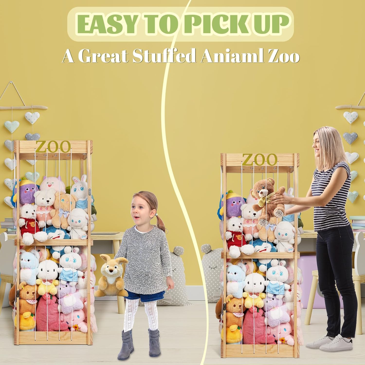 Trycooling Stuffed Animal Zoo Stuffed Animal Storage Wood Plushie Storage Stuffed Animals Zoo Storage Cage with Zoo Pattern Elastic Band for Nursery Play Room Bedroom (Wood) | Stuffed Animal Zoo, Plushie Storage, Zoo Pattern, Elastic Band - Image 2