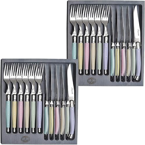 Miniatura 2 de (D) Juego de cubiertos Laguiole hechos a mano franceses de 12 piezas en una caja, paquete de 2 (lino)